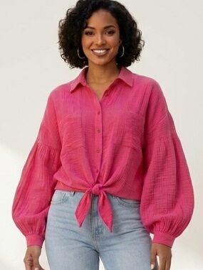 Peach Love California Pink Tie-Front Button Down Balloon Sleeve Top